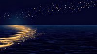Magical glowing waves on dark ocean surface with floating light particles and starry night sky, creating luminescent water effect at nighttime.