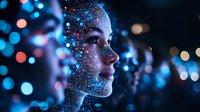 Mystical profile portrait with glowing particles and bokeh lights creating ethereal cosmic effect against dark background, blue and pink colors dominate composition.