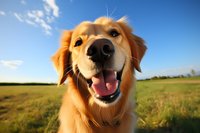 Happy Golden Retriever dog with friendly smile and open mouth close-up portrait against green meadow and blue sky with white clouds on sunny day.