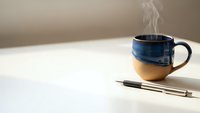 Steaming ceramic mug with blue glaze and natural clay base sits on white table beside elegant pen, creating cozy workspace atmosphere for morning routine.