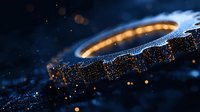 Glowing golden ring with sparkling blue particles against dark background creates magical atmosphere. Macro photography captures light and bokeh effects.