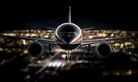 Commercial passenger airplane approaching landing at night with city lights glowing in background, front view showing sleek metallic fuselage.