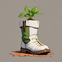 Green plant growing from old white combat boot on muddy ground, artistic illustration with environmental concept for sustainability and nature reclaiming urban elements.