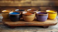 Colorful ceramic bowls arranged on wooden serving board, featuring vibrant glazed finishes in blue, yellow, purple, and earth tones. Rustic tableware photography.