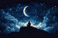 Silhouette of person sitting on hilltop under crescent moon and starry night sky with dramatic clouds, creating peaceful meditation atmosphere.