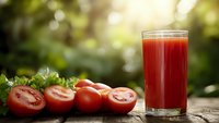 Fresh tomato juice in glass with sliced red tomatoes on wooden table in sunny garden setting for healthy lifestyle and nutrition concepts.
