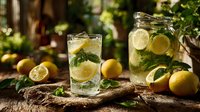 Refreshing lemon mint water in glass and jar on rustic wooden table with fresh lemons and herbs in natural garden setting for healthy lifestyle.