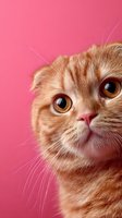 Close-up of ginger Scottish Fold cat with large amber eyes against vibrant pink background, perfect for pet care advertising.