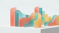 Abstract geometric composition with colorful translucent shapes in coral, mint green and yellow tones creating modern minimalist design on white background.