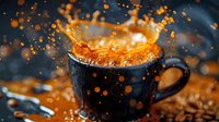 Dynamic coffee splash creating crown effect in black ceramic cup with scattered coffee beans and droplets on dark background, dramatic lighting.