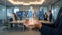 Businessman holding glowing digital human hologram in modern office conference room with team meeting in background, representing innovation and technology solutions.