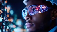 Young African American woman wearing futuristic smart glasses with glowing digital display reflections against dark background with bokeh lights and technological elements.