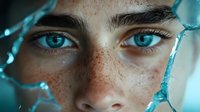 Close up portrait with bright blue eyes and natural freckles against turquoise background, dramatic lighting creates mysterious atmosphere for beauty and fashion campaigns.