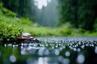 Raindrops creating circular ripples on dark water surface near mossy shore, with soft bokeh effect and misty forest background in rainy weather conditions.