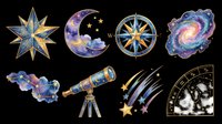 Watercolor celestial clipart set with star, crescent moon, compass rose, galaxy, constellation, telescope, shooting stars, isolated on transparent background for stickers, sublimation, t-shirt design.