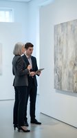 Professional art gallery visitors examining contemporary artwork with digital tablet in modern white exhibition space for cultural events.