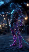 Glowing warrior silhouette with constellation pattern in neon blue and purple lights standing on wooden surface against dark background with bokeh effects.