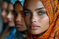 Young woman wearing vibrant orange hijab with striking blue eyes and natural makeup, close-up portrait with soft lighting. Multiple diverse faces in background create depth.