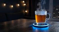 Steaming hot tea in glass mug on illuminated coaster with warm bokeh lights creating cozy evening atmosphere for relaxation and comfort.