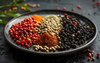 Assortment of colorful peppercorns and spices on dark ceramic plate, including red, green, white, and black varieties with ground paprika powder.