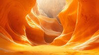 Stunning slot canyon with flowing sandstone walls in warm orange and golden hues, smooth curved rock formations creating natural light beams and shadows.