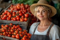 Cheerful Caucasian female farmer in straw hat and overalls standing near wooden crates filled with fresh ripe red tomatoes at local market or greenhouse.
