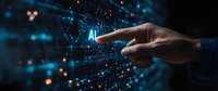 Human finger pointing at glowing AI text with digital network connections and particles on dark background, futuristic technology concept for artificial intelligence.