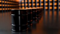 Black oil barrels in industrial warehouse with warm lighting creating dramatic atmosphere for energy and petroleum industry concepts.