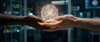 Hands holding glowing geometric sphere with network connections in modern tech environment for business innovation and digital transformation concepts.