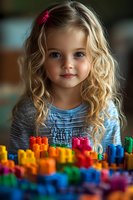 Young girl with blonde curly hair and blue eyes smiling while playing with colorful building blocks. Natural lighting creates soft portrait mood for childhood education concepts.