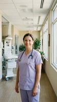 Smiling middle-aged Hispanic female nurse in purple scrubs with stethoscope standing in bright hospital corridor with medical equipment and windows.