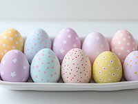 Pastel colored Easter eggs decorated with delicate dots, flowers and stars pattern arranged in row on white ceramic plate. Spring holiday celebration.