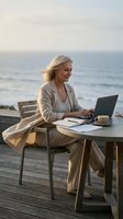 Mature woman with blonde hair working on laptop at outdoor seaside table with ocean view, remote work and freelance lifestyle concept.