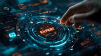 Futuristic digital interface with glowing expert text and finger touching holographic display in dark blue tones with circular HUD elements and data visualization.