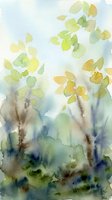 Watercolor painting of delicate spring foliage with soft green and yellow leaves on translucent branches creating dreamy botanical artwork for home decor.
