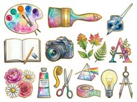 Watercolor art supplies and creative tools collection including palette, brushes, camera, flowers, notebook, scissors, and compass isolated on white background for design projects, crafts, and artistic concepts.