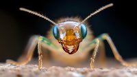 Extreme macro portrait of wasp face showing compound eyes, mandibles and antennae against dark background. Detailed insect head close-up reveals intricate anatomy.
