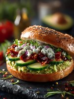 Gourmet avocado bagel sandwich with cucumber, sun-dried tomatoes, blue cheese and fresh herbs on seeded bagel for healthy breakfast or lunch menu.
