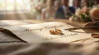Marriage certificate document with golden wedding rings on rustic wooden table with soft lighting and floral decorations for wedding ceremony.