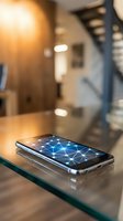 Modern smartphone displaying network connections on glass table in contemporary home interior with warm lighting and staircase background.