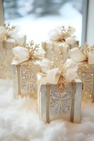 Elegant winter gift boxes decorated with white bows, gold snowflakes, and glitter ribbons arranged on soft white surface with dreamy bokeh background.