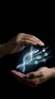 Protective hands safeguarding glowing DNA helix with scientific icons representing genetic research, biotechnology innovation and medical breakthrough concepts.