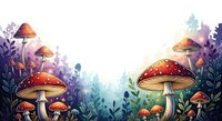 Enchanted forest scene with oversized red and golden mushrooms surrounded by purple foliage and misty woodland backdrop, suitable for fantasy illustrations, children's books, and magical themed designs.