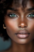 Close-up portrait of young African American woman with striking green eyes, natural makeup, and curly hair against dark background, showcasing flawless skin texture.