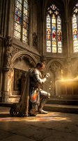 Medieval knight in armor kneeling in prayer inside Gothic cathedral with colorful stained glass windows and divine light rays creating spiritual atmosphere.