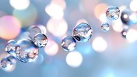 Transparent water droplets floating against soft pastel bokeh background with blue and pink highlights, creating dreamy atmospheric effect.