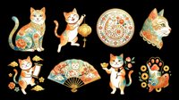 Watercolor lucky cats and Asian decorative elements set, isolated on transparent background. Great for stickers, t-shirt design, clipart, print on demand, and sublimation projects.