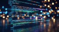 Programming code on screen with bokeh lights background for web development and software engineering projects.
