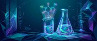 Digital laboratory glassware with molecular structures in futuristic neon blue environment for scientific research and biotechnology applications.