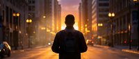 Man standing alone on urban street at sunset, silhouetted against golden city lights and tall buildings, contemplating future opportunities and career growth.